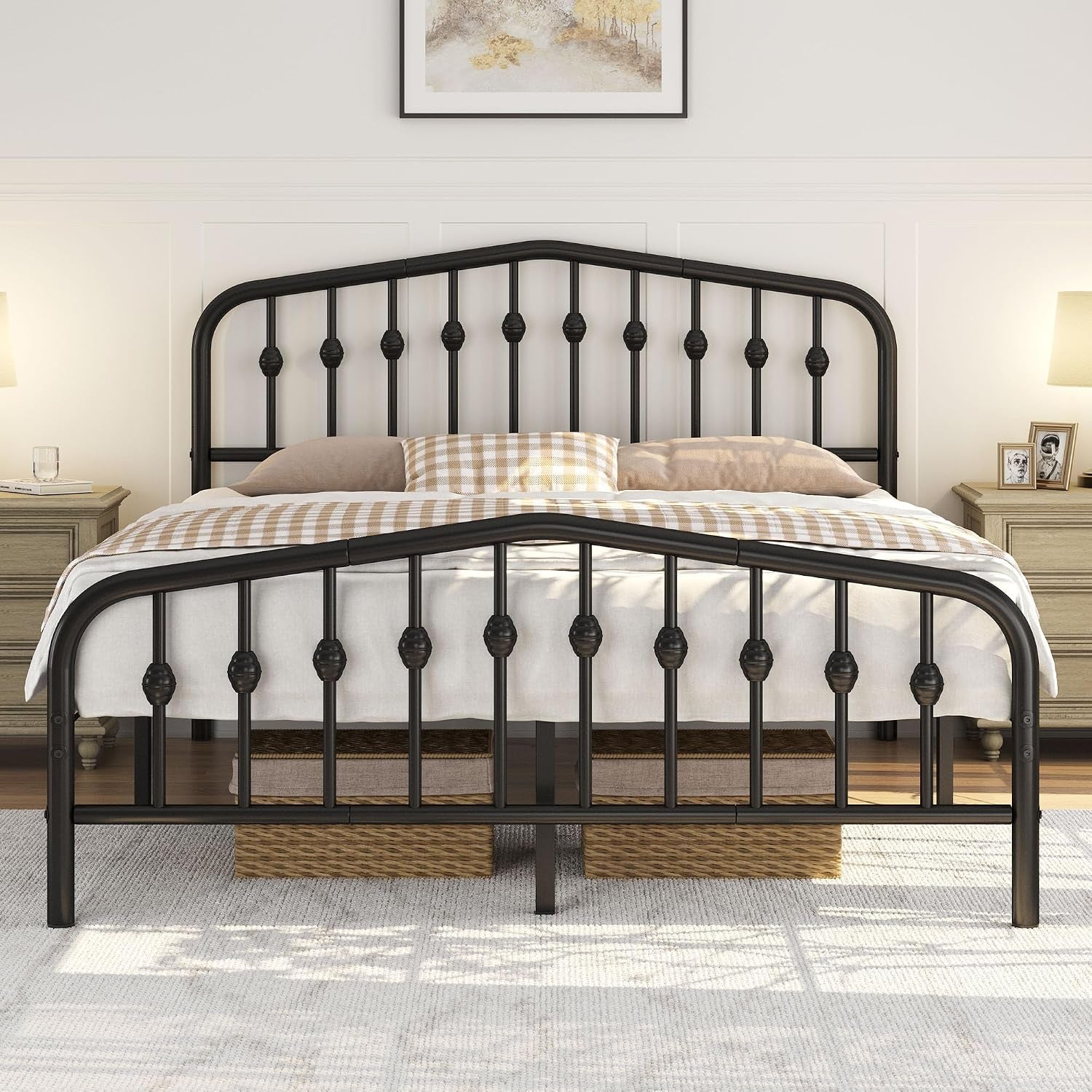 5Ft King Bed Frame Slatted Metal Bed with Crown-Inspired Design Headboard/Spacious Under-Bed Storage Black King Bed