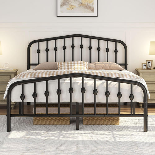 5Ft King Bed Frame Slatted Metal Bed with Crown-Inspired Design Headboard/Spacious Under-Bed Storage Black King Bed
