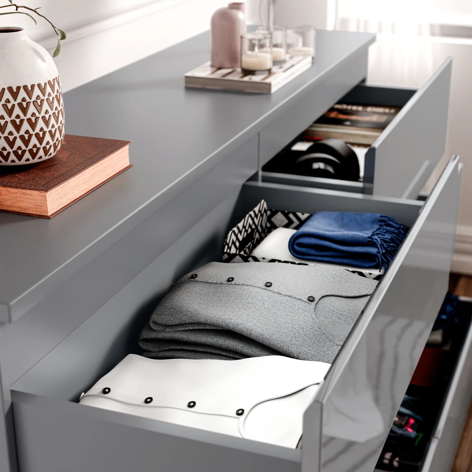 High Gloss Chest of Drawers Bedside Cabinet Tall Wide Storage Bedroom Furniture