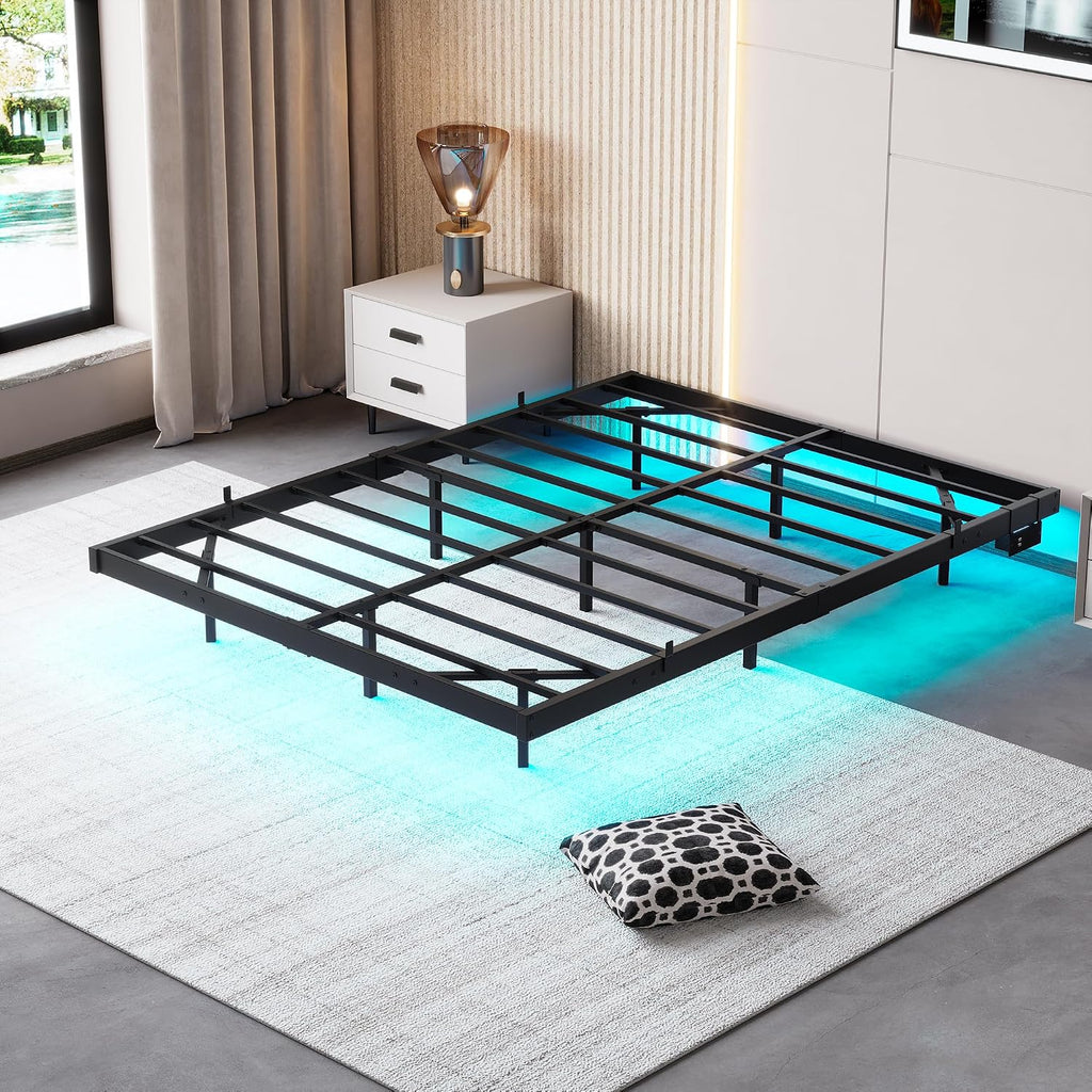 Double Bed Frame Floating Bed Frame with LED Lights,4Ft6 Metal Platform Bed Frame Double Size Bed Base with Charging Station,Reinforced Steel Slats/Under-Bed Storage/Noise Free/Black