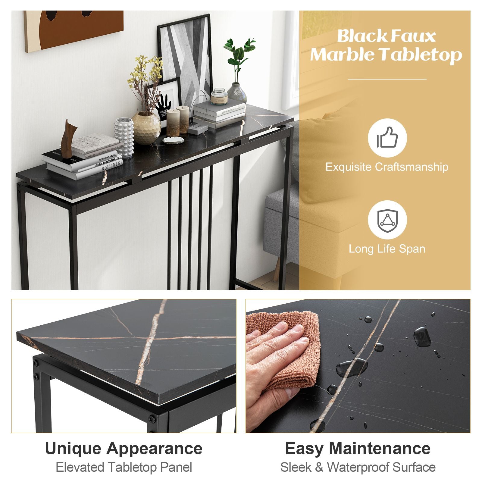 120Cm Console Table Narrow Entryway Table with Faux Marble Tabletop