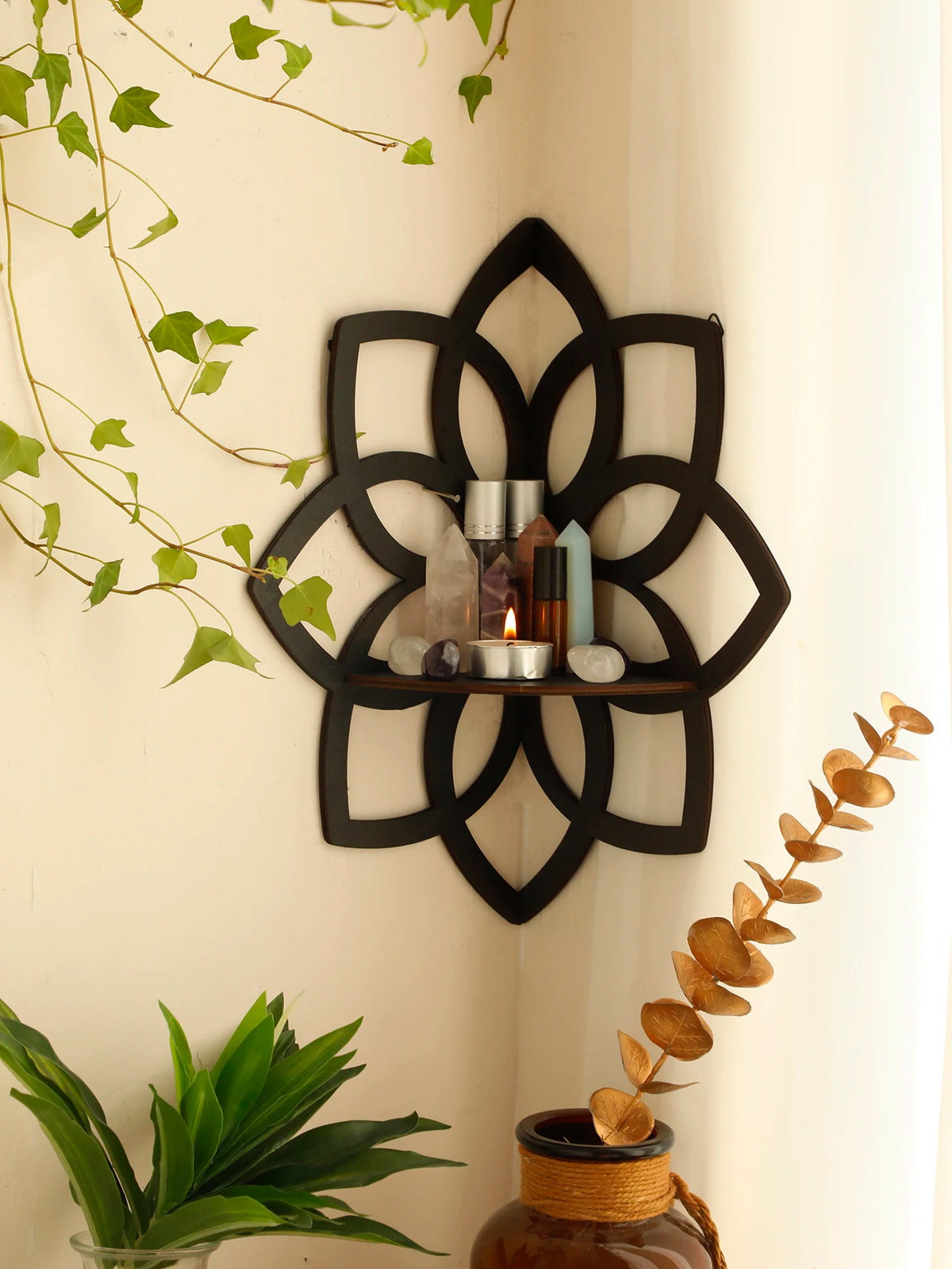 Lotus Crystal Corner Shelf Crystal Shelf Display Black Wooden Wall Shelves Essential Oil Shelf Witchy Decor Aesthetic Spiritual