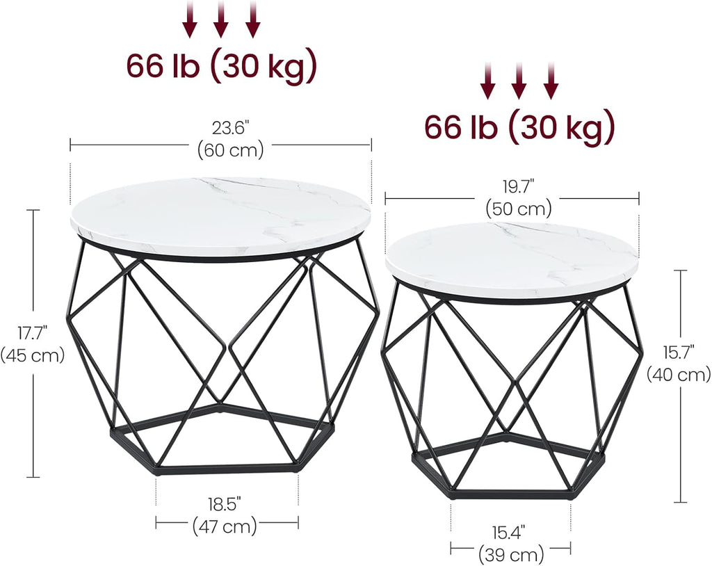 round Coffee Table, Set of 2, Side Table, Sofa End Table, Modern Style, Removable Top, Steel Frame, for Living Room, White and Black LET040B59