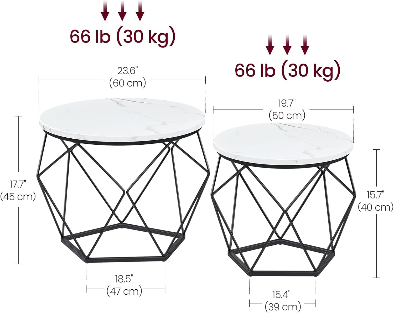 round Coffee Table, Set of 2, Side Table, Sofa End Table, Modern Style, Removable Top, Steel Frame, for Living Room, White and Black LET040B59