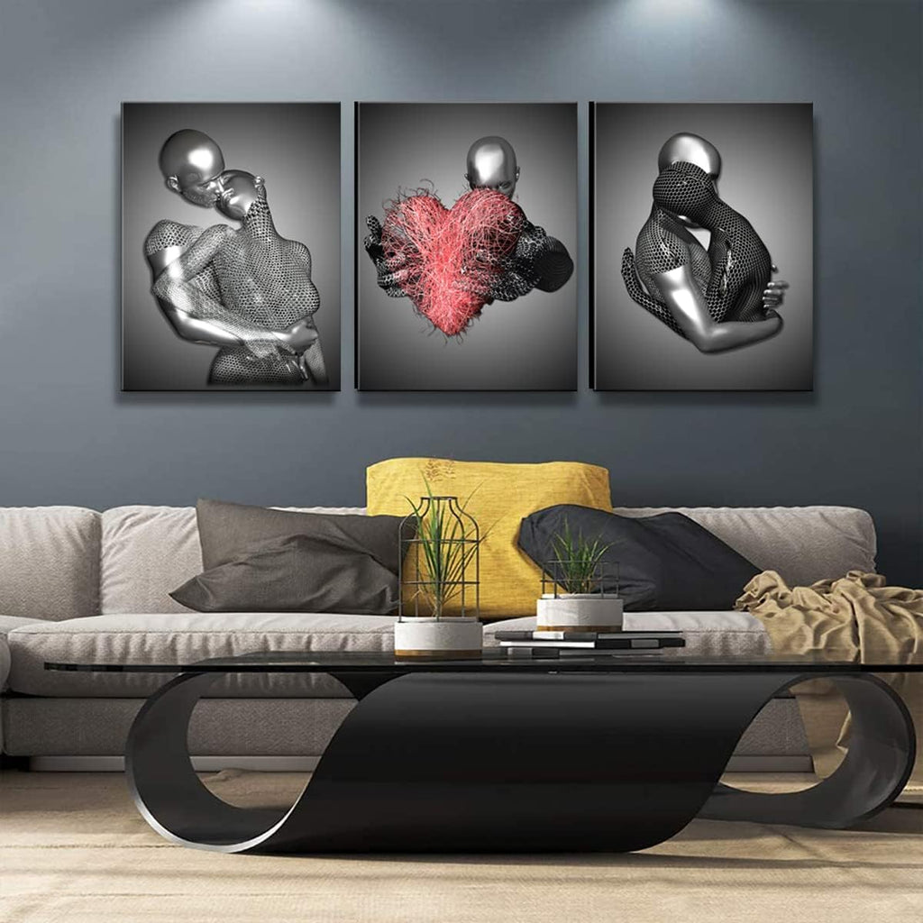 Framed 3 Pcs Love Heart 3D Wall Art Metal Sculpture Romantic Couple Abstract Art Prints Posters Decor Grey Black and White Canvas Printsfor Bedroom Living Room Bathroom Hotel Valentine'S Day Ready To