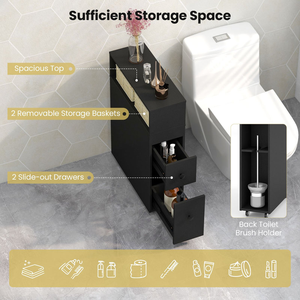Slim Bathroom Storage Cabinet Movable with 2 Drawers and Baskets