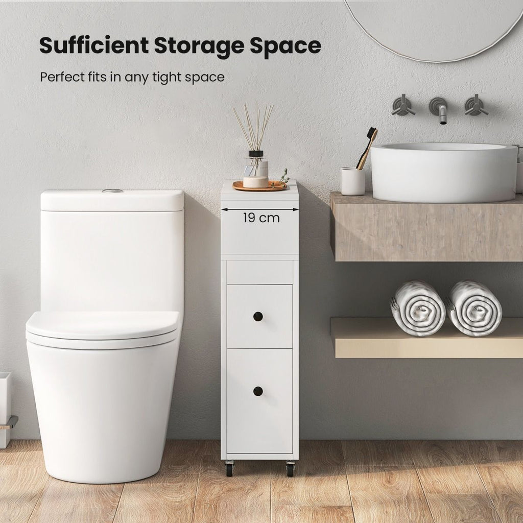 Slim Bathroom Storage Cabinet Movable with 2 Drawers and Baskets
