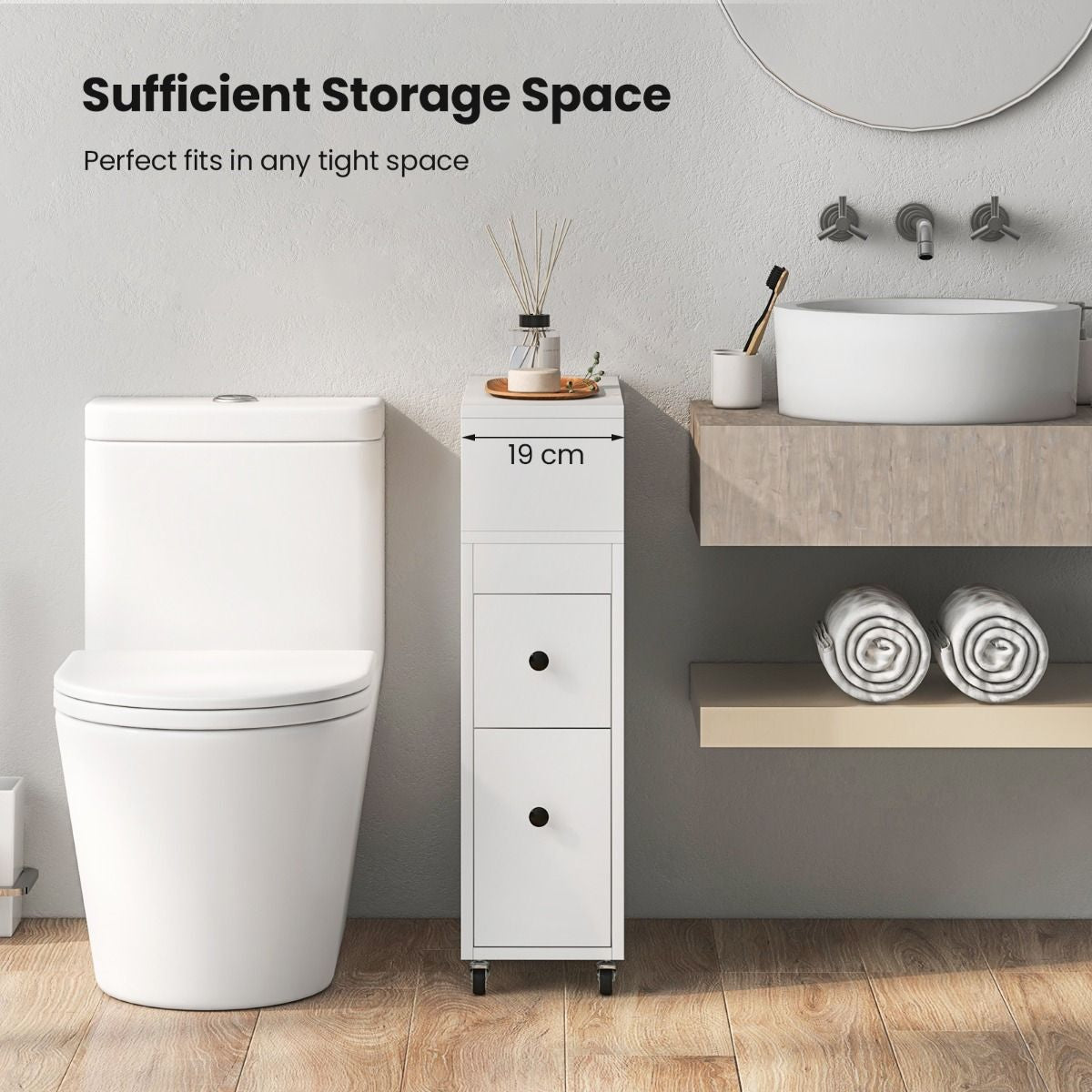 Slim Bathroom Storage Cabinet Movable with 2 Drawers and Baskets