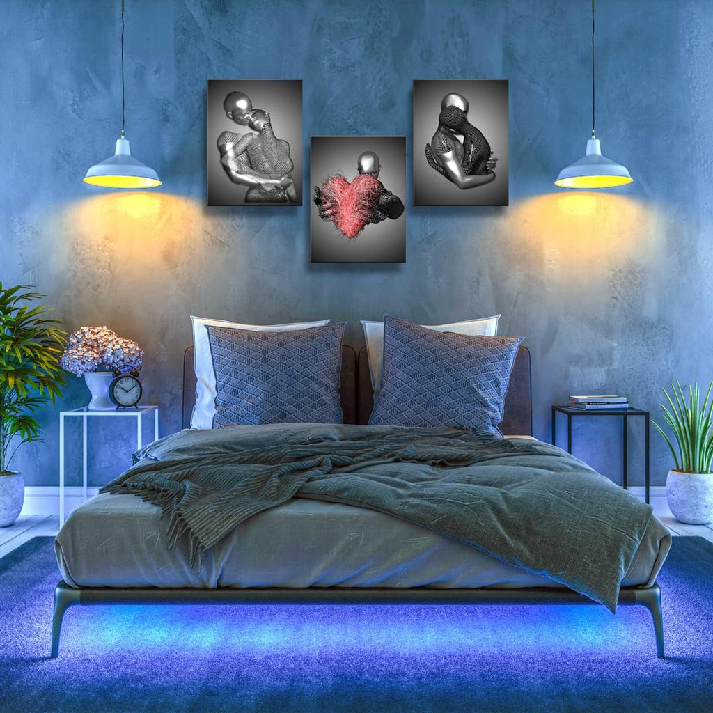 Framed 3 Pcs Love Heart 3D Wall Art Metal Sculpture Romantic Couple Abstract Art Prints Posters Decor Grey Black and White Canvas Printsfor Bedroom Living Room Bathroom Hotel Valentine'S Day Ready To