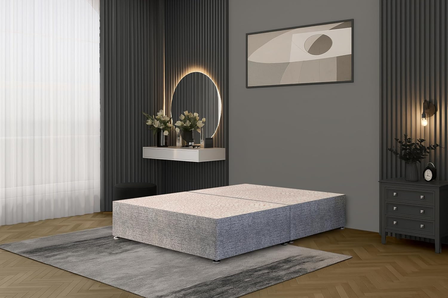 Tweed Grey Flexby Divan Bed Base – Upholstered Platform Frame | Double (4FT6) | Optional Headboard & Storage Drawers | Strong Timber Frame | UK Made