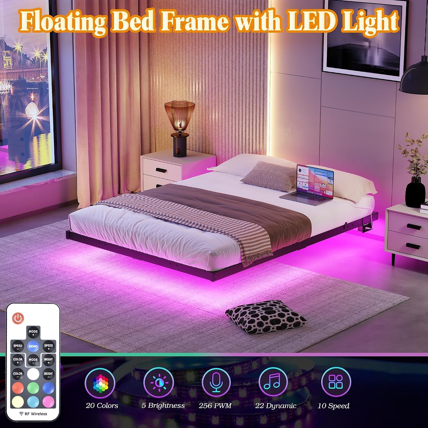 Double Bed Frame Floating Bed Frame with LED Lights,4Ft6 Metal Platform Bed Frame Double Size Bed Base with Charging Station,Reinforced Steel Slats/Under-Bed Storage/Noise Free/Black