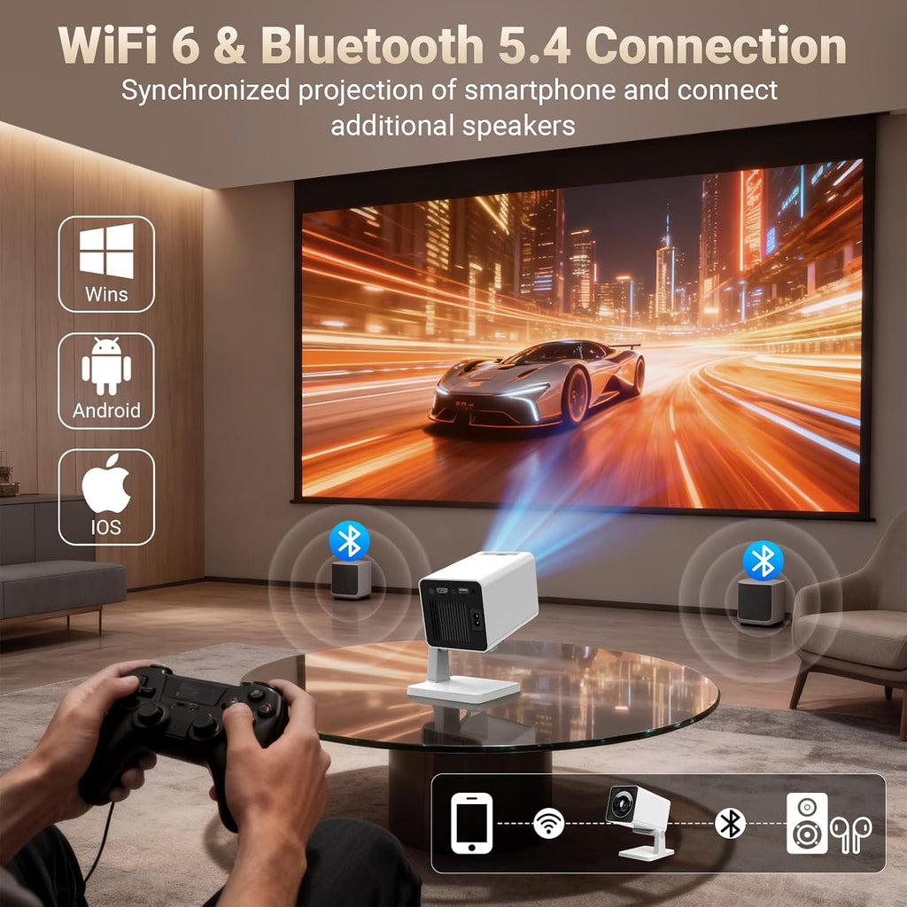 Mini Projector for Bedroom Ceiling, Smart Portable Projector with Android, Wifi & Bluetooth, 1080P Supported Home Cinema Projector for Movie Nights, Compatible with Iphone/Android