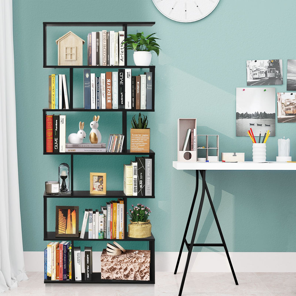 6-Tier S-Shaped Wooden Industrial Bookshelf