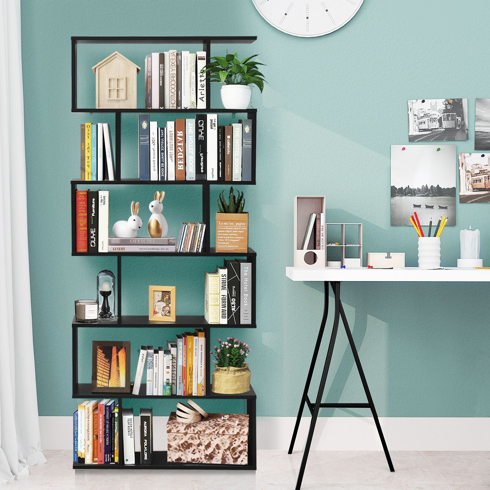 6-Tier S-Shaped Wooden Industrial Bookshelf