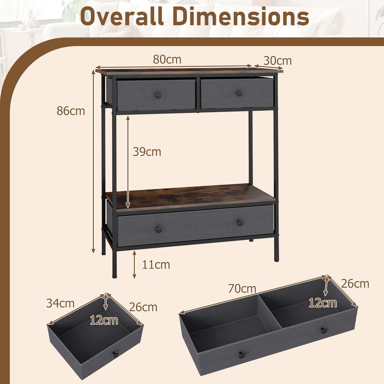 Console Table Industrial Entryway Table with 3 Fabric Drawers