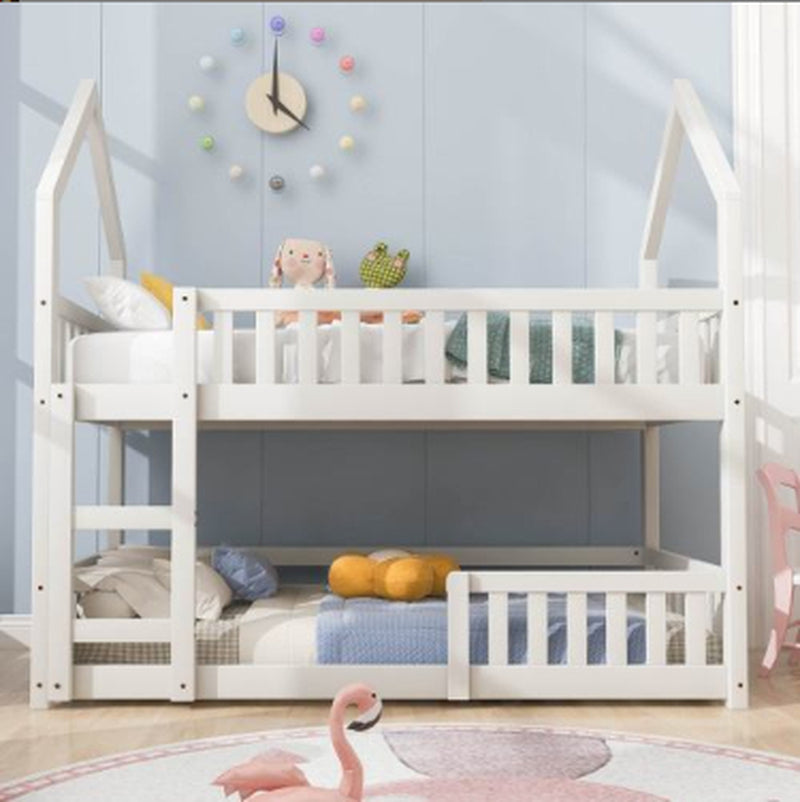 Bunk Bed, Twin Sleeper Bed with Ladder, Solid Wood Frame 3FT Single Bed, Gaming Bed, Castle-Shaped Bed 90 X 190 Cm Children'S Bed Room Furniture, Wooden Bed Frame for Kids Children White