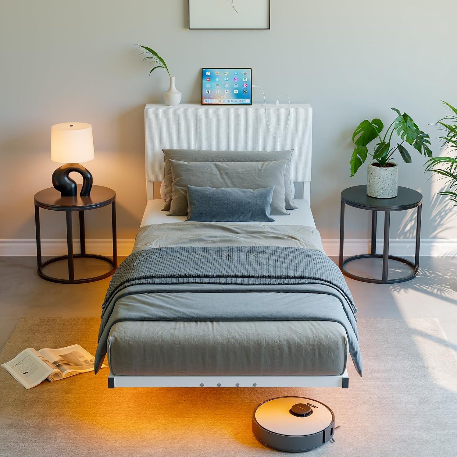 Floating Single Bed Frame with LED Light,90X200 Bed,White | 3Ft Single Bed Frame with Charging Station with Charging Station,Upholstered Bed Frames Single Size Bed with Storage