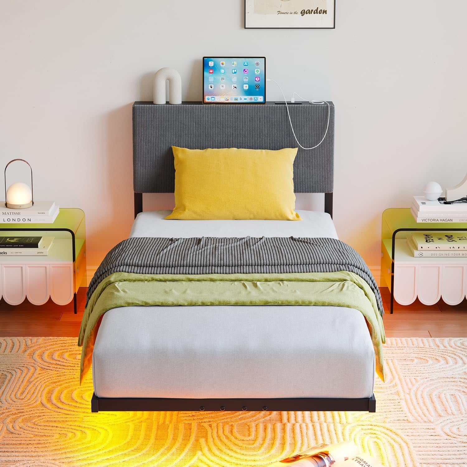 Single Bed Frame with LED Lights,90X190 Bed,Dark Grey | 3Ft Floating Bed Frame with Charging Station,Upholstered Bed Frames Single Size Bed with Storage