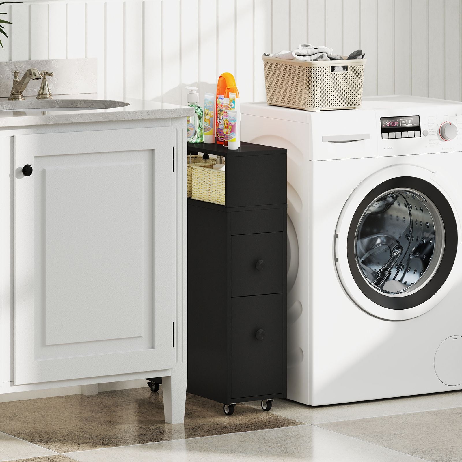 Slim Bathroom Storage Cabinet Movable with 2 Drawers and Baskets