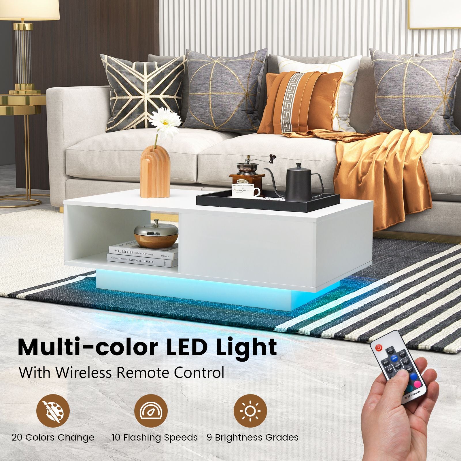 LED Coffee Table with 20 RGB Light Colors and Storage Shelf