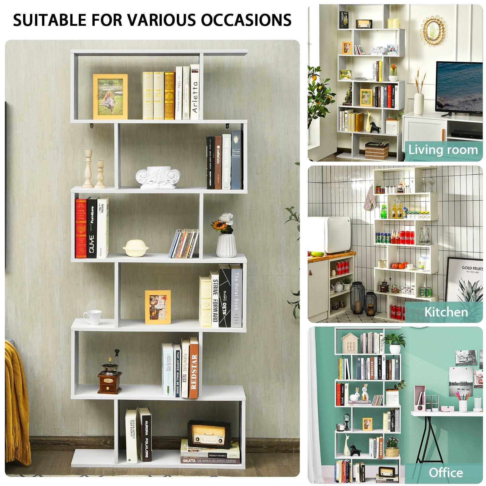 6-Tier S-Shaped Wooden Industrial Bookshelf