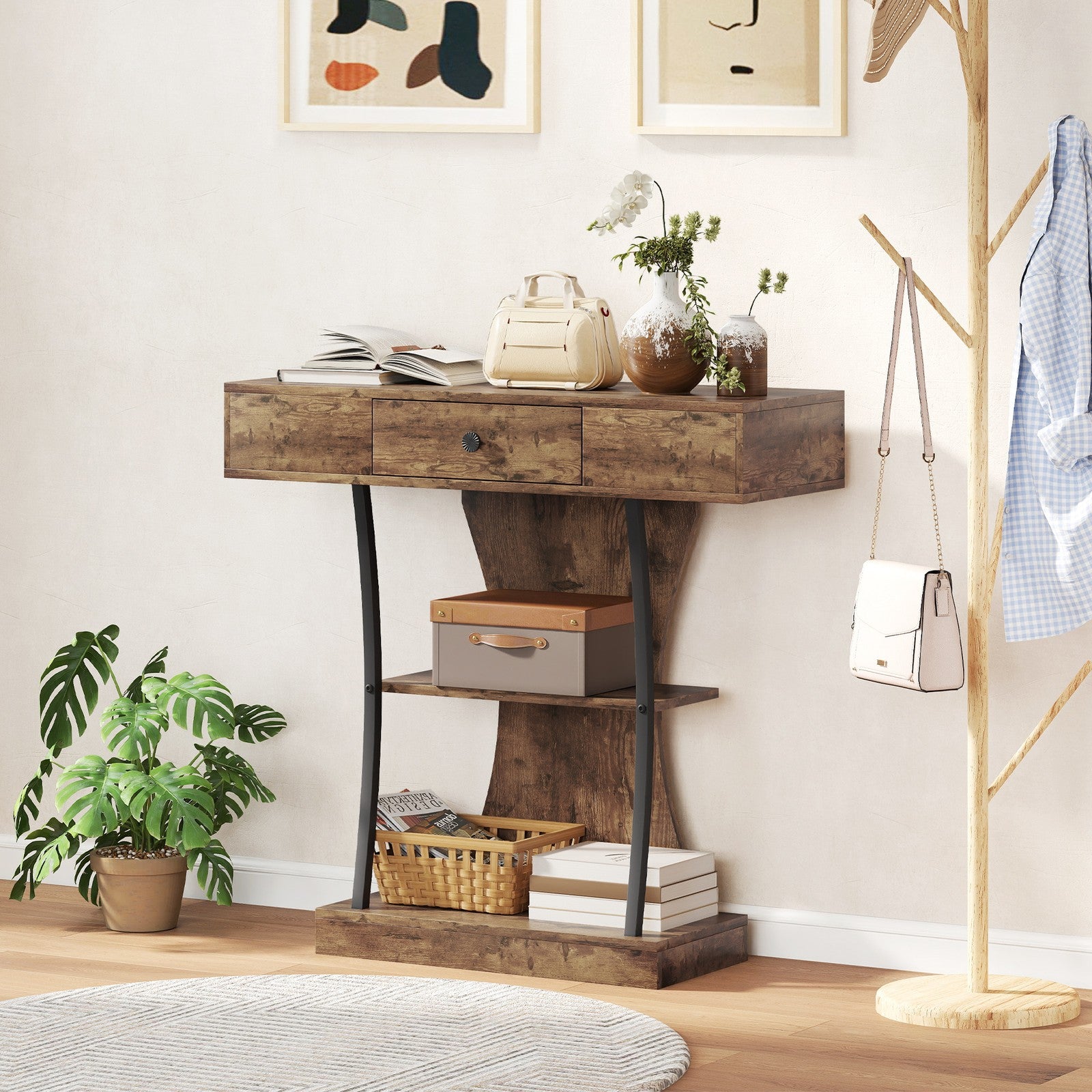 Console Table with Drawer, 3-Tier Industrial Hallway Table, Rustic Brown