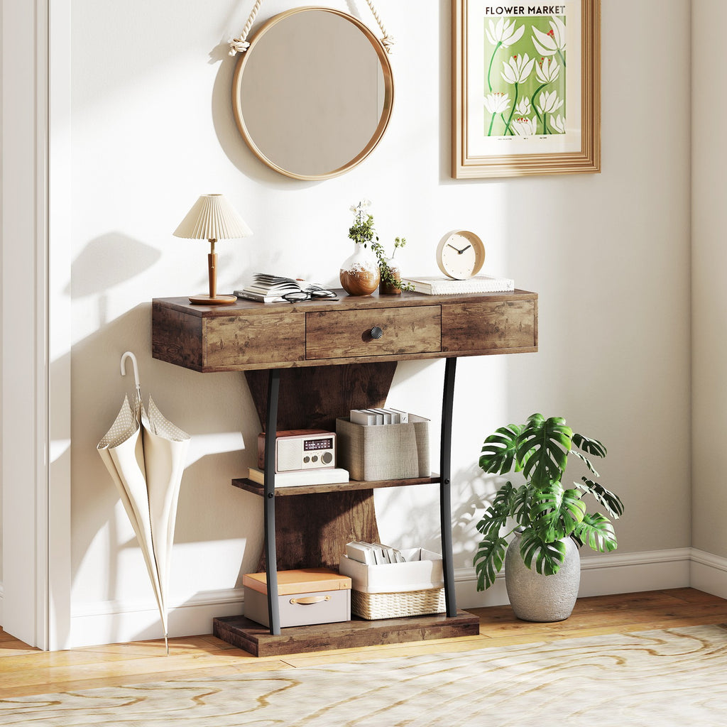 Console Table with Drawer, 3-Tier Industrial Hallway Table, Rustic Brown