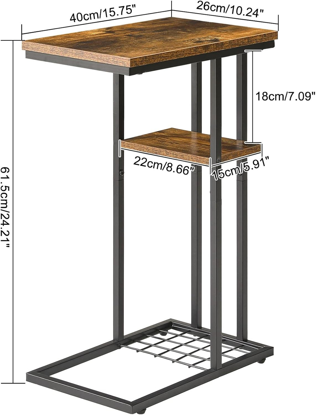 C-Shaped End Table Set of 2, Side Table for Sofa and Bed, Coffee Table for Small Spaces, Living Room, Bedroom, Industrial Small Table with Storage Shelf and Metal Frame, Rustic Brown, HST004H-2