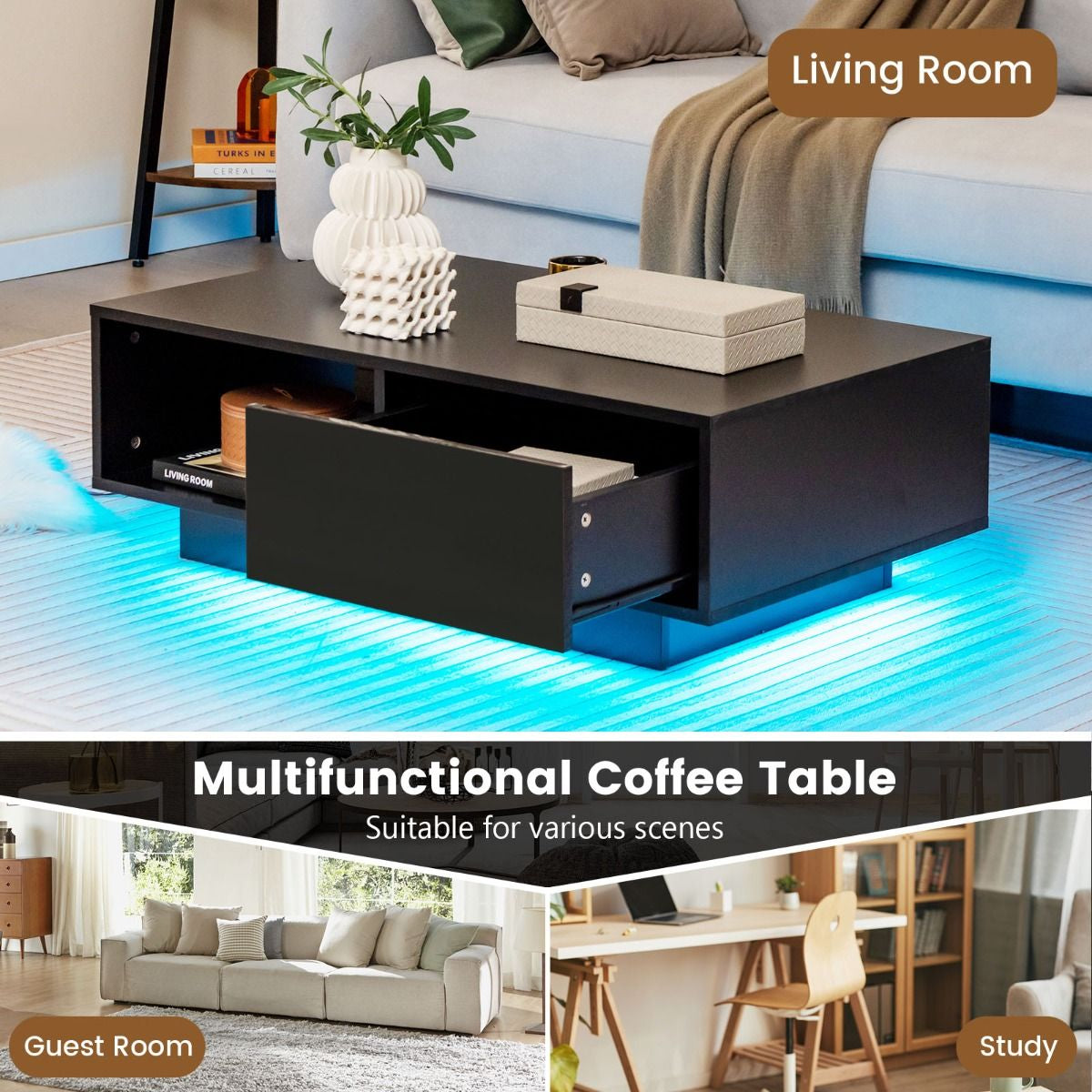 LED Coffee Table with 20 RGB Light Colors and Storage Shelf