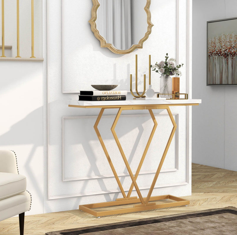 Gold Console Table with Diamond Shape Geometric Frame