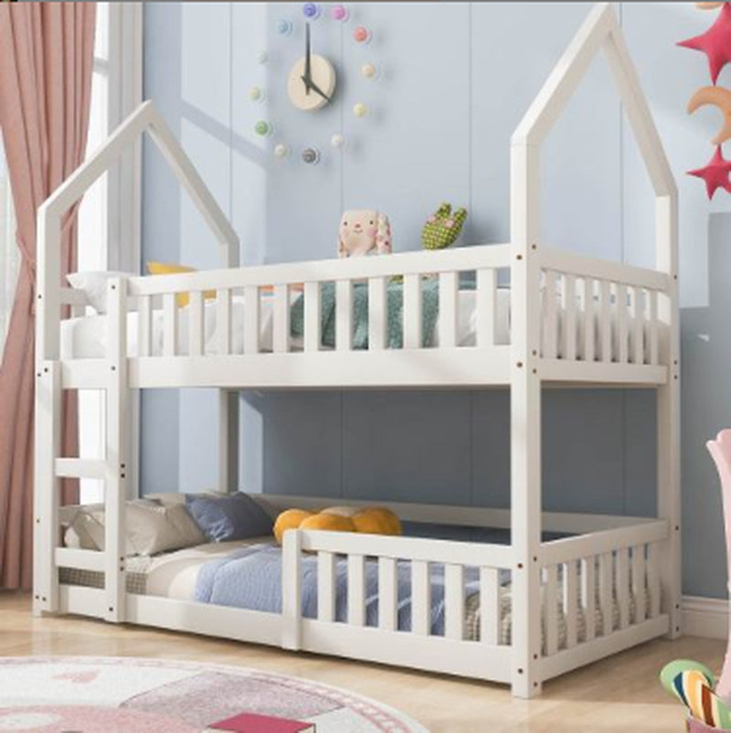 Bunk Bed, Twin Sleeper Bed with Ladder, Solid Wood Frame 3FT Single Bed, Gaming Bed, Castle-Shaped Bed 90 X 190 Cm Children'S Bed Room Furniture, Wooden Bed Frame for Kids Children White