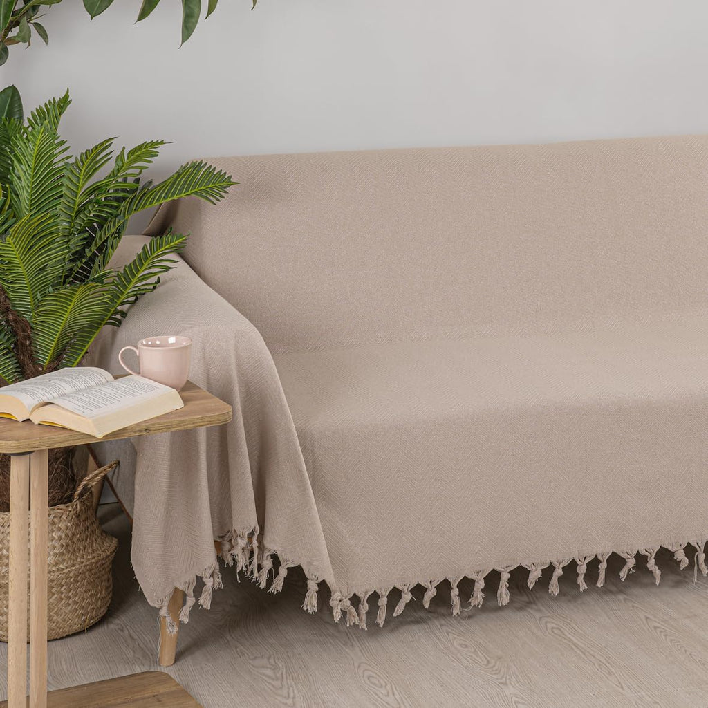 Sofa Throws Large 3 Seater, Extra Large Throws for Settees | 180 X 300 Cm Beige, Sofa Cover 3 Seater, Throws for Sofas Large Blanket with a Herringbone Pattern and Tasselled Edges