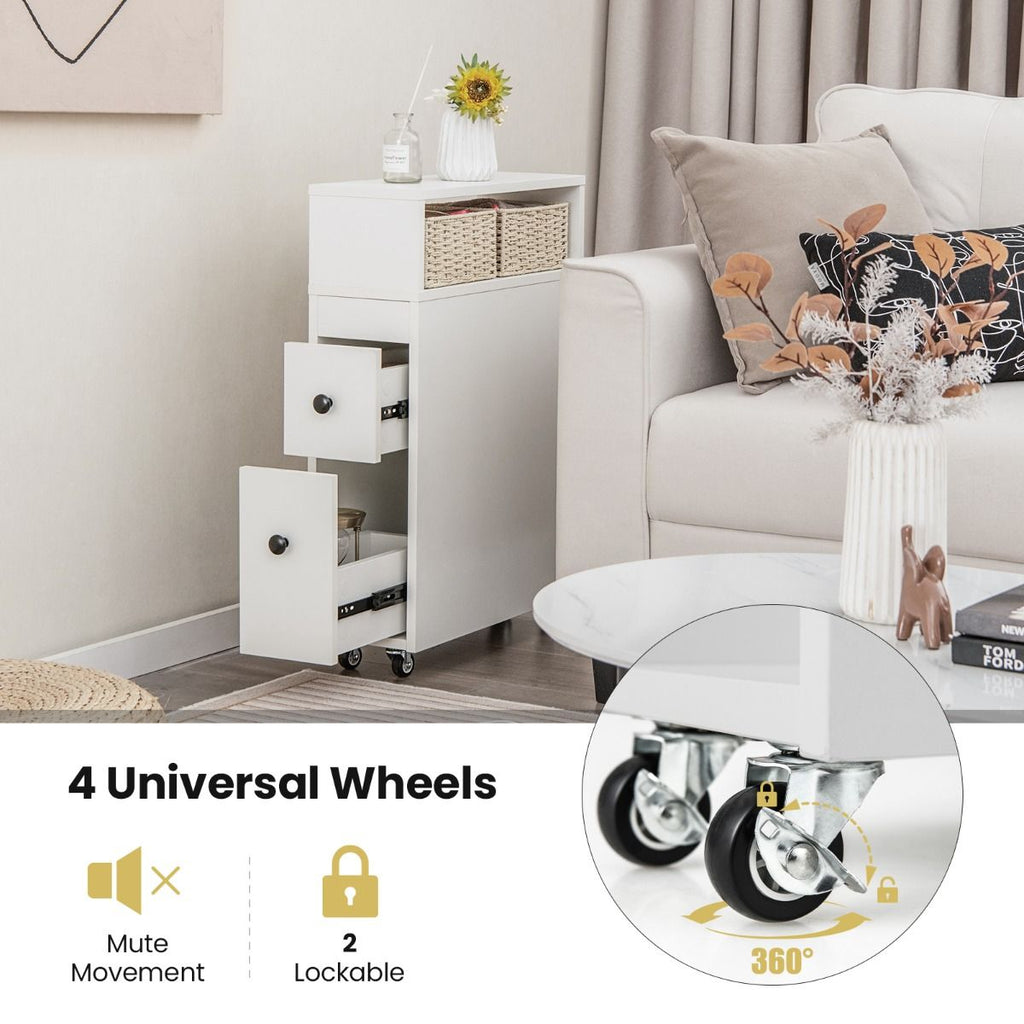 Slim Bathroom Storage Cabinet Movable with 2 Drawers and Baskets