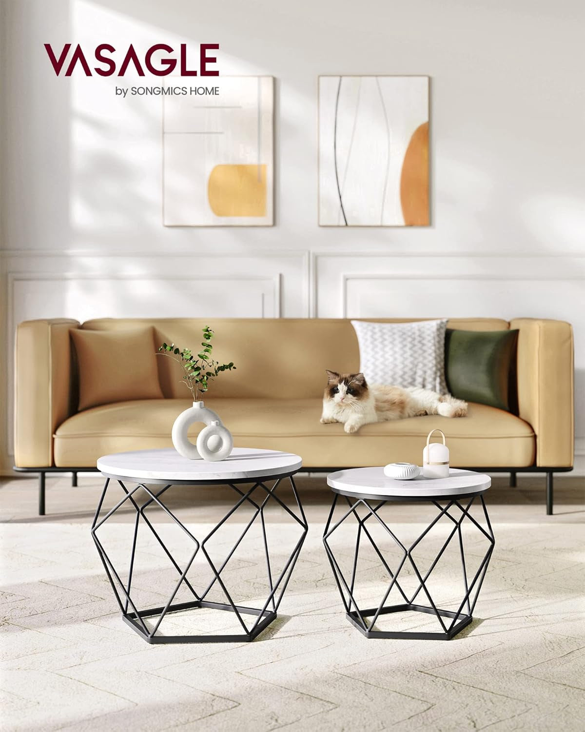 round Coffee Table, Set of 2, Side Table, Sofa End Table, Modern Style, Removable Top, Steel Frame, for Living Room, White and Black LET040B59