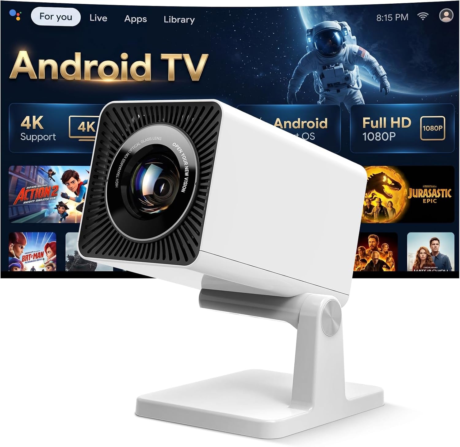 Mini Projector for Bedroom Ceiling, Smart Portable Projector with Android, Wifi & Bluetooth, 1080P Supported Home Cinema Projector for Movie Nights, Compatible with Iphone/Android