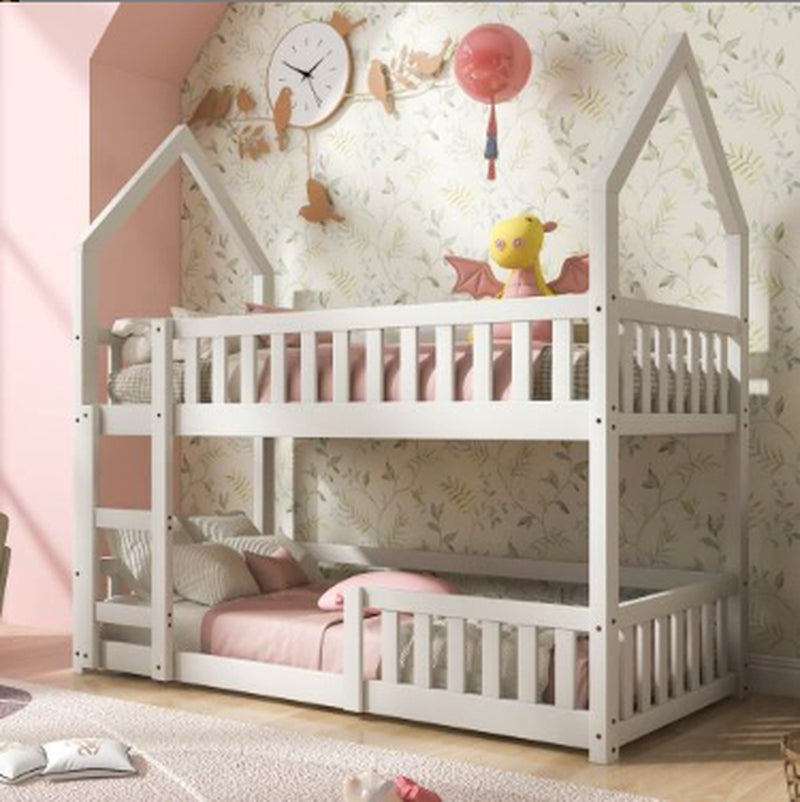 Bunk Bed, Twin Sleeper Bed with Ladder, Solid Wood Frame 3FT Single Bed, Gaming Bed, Castle-Shaped Bed 90 X 190 Cm Children'S Bed Room Furniture, Wooden Bed Frame for Kids Children White