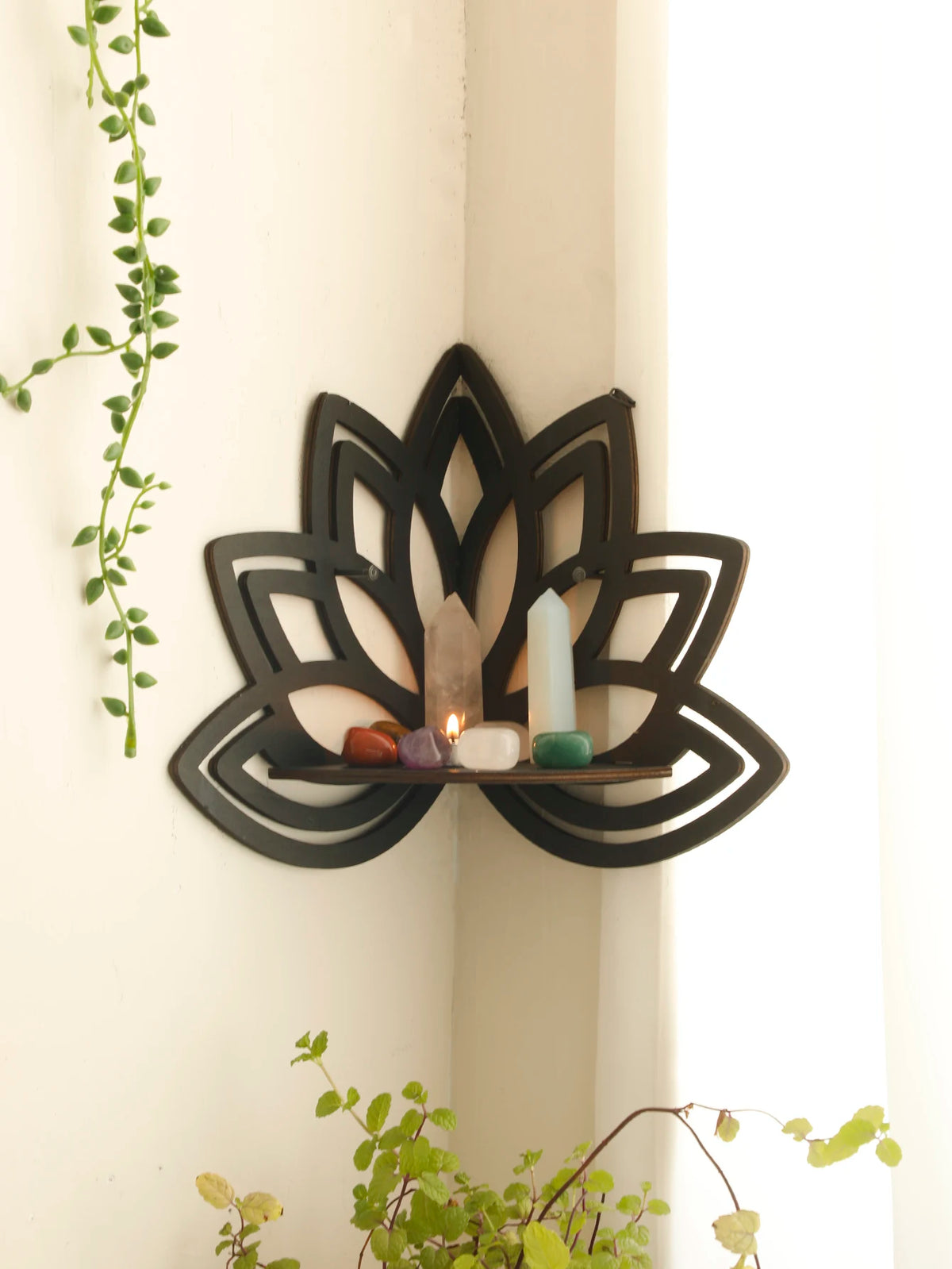 Lotus Crystal Corner Shelf Crystal Shelf Display Black Wooden Wall Shelves Essential Oil Shelf Witchy Decor Aesthetic Spiritual