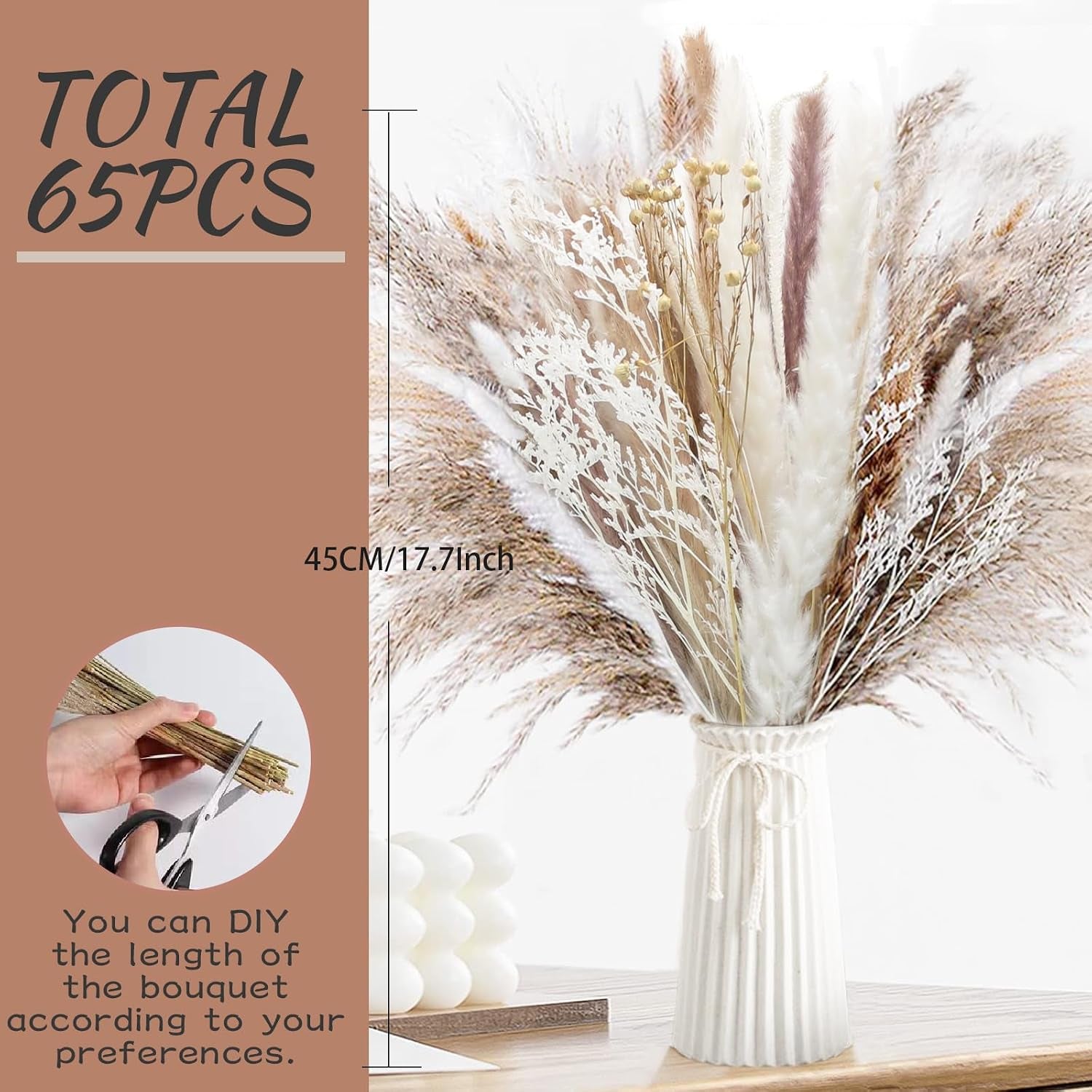 Natural Dried Pampas Grass (UK Company), 65PCS Dried Flowers Fluffy Pampas Grass Bouquet, Artificial Pampas for Wedding Floral Arrangements Boho Home Decor