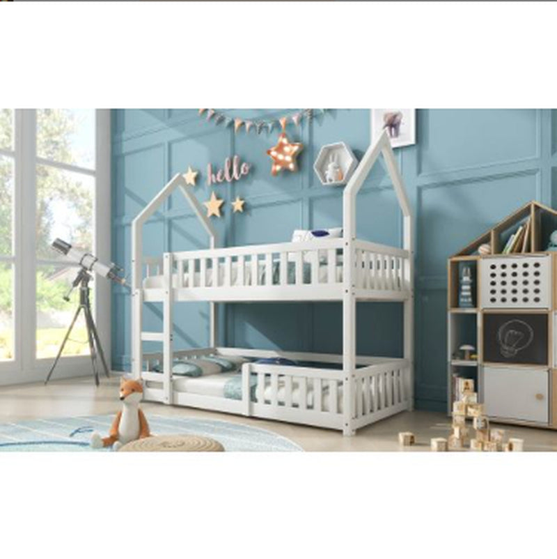Bunk Bed, Twin Sleeper Bed with Ladder, Solid Wood Frame 3FT Single Bed, Gaming Bed, Castle-Shaped Bed 90 X 190 Cm Children'S Bed Room Furniture, Wooden Bed Frame for Kids Children White
