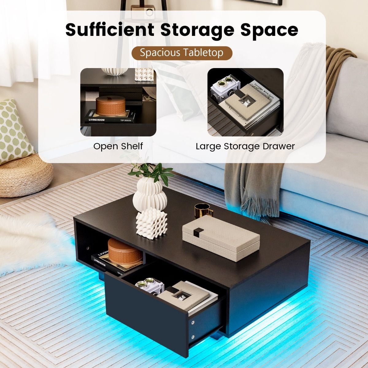 LED Coffee Table with 20 RGB Light Colors and Storage Shelf