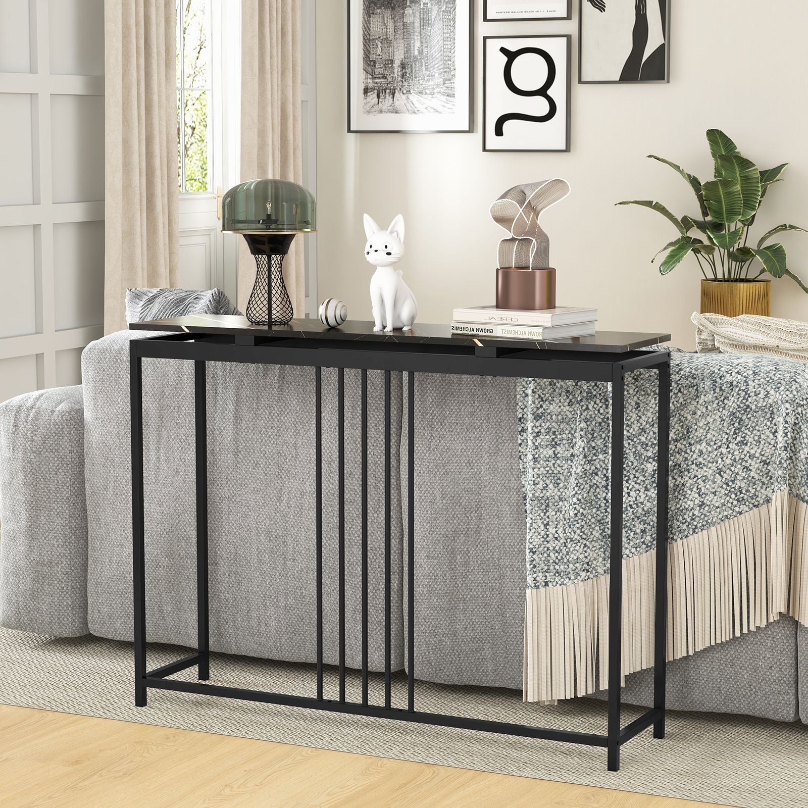 120Cm Console Table Narrow Entryway Table with Faux Marble Tabletop
