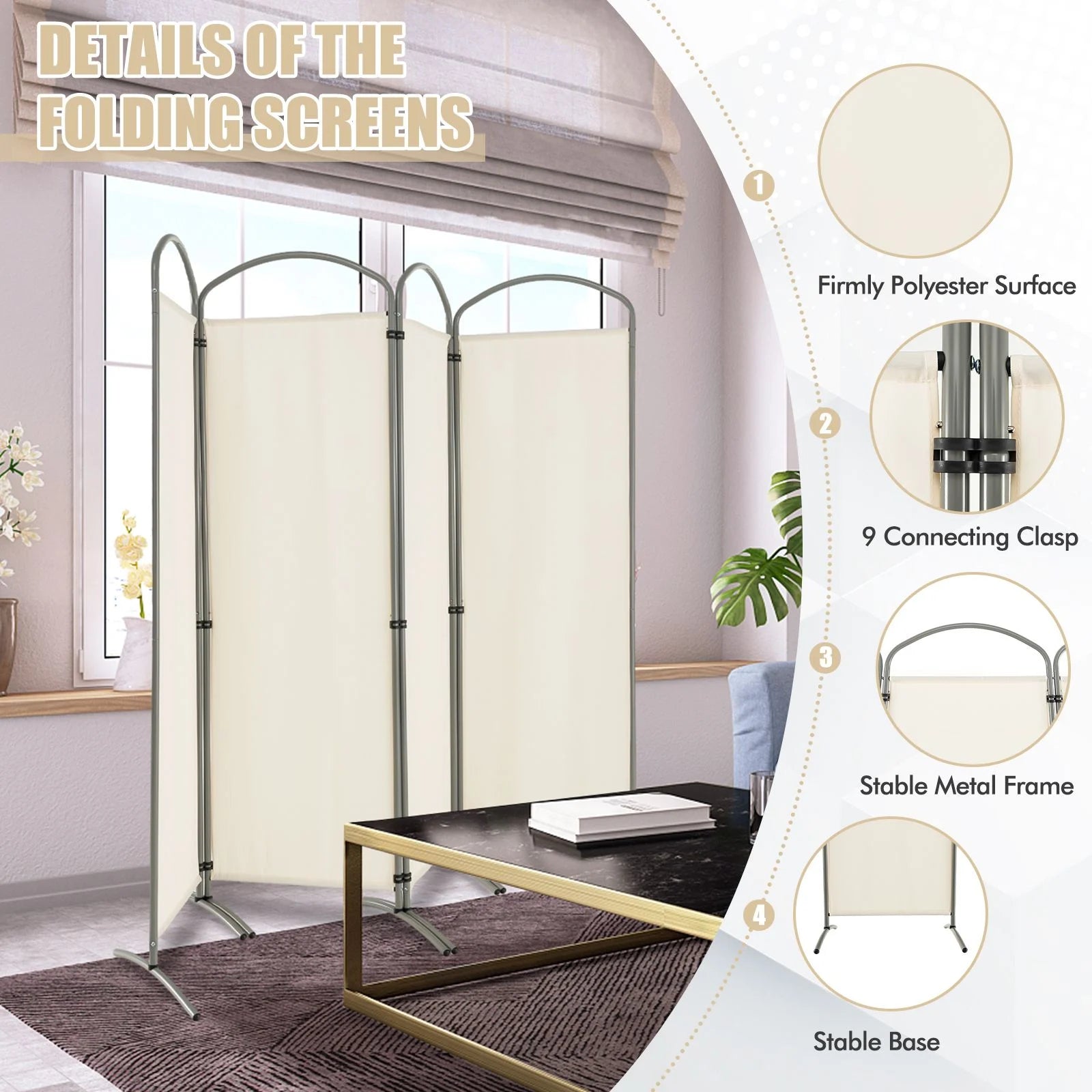 4 Panel Freestanding Folding Room Divider for Living Room Office