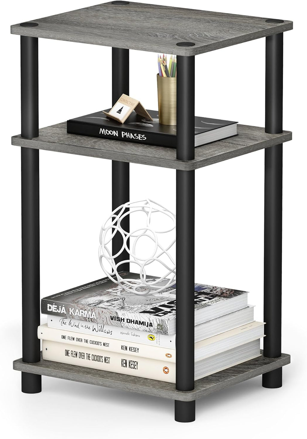 JUST Side Table, 3-Tier End Table, Open Shelves Night Stand, Bedside Table, Toolless Assembly, for Living Room, Bedroom, French Oak