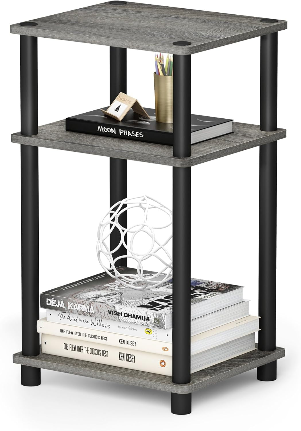 JUST Side Table, 3-Tier End Table, Open Shelves Night Stand, Bedside Table, Toolless Assembly, for Living Room, Bedroom, French Oak