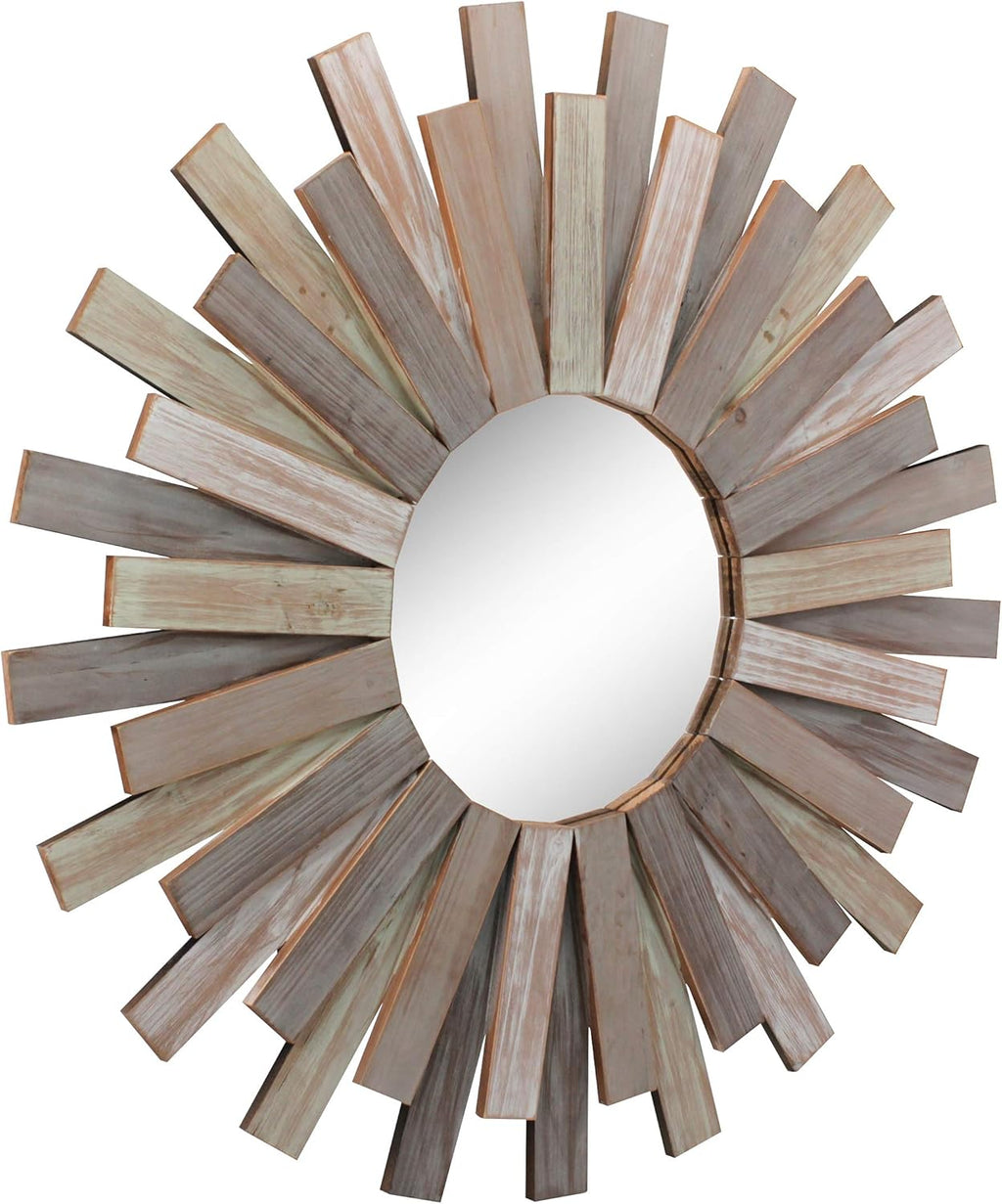 Large round 31.3" Wooden Sunburst Hanging Wall Mirror with Attached Hanging Bracket
