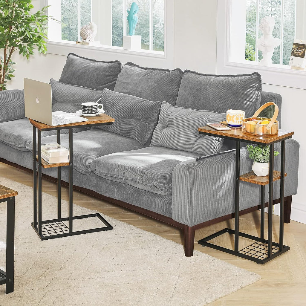 C-Shaped End Table Set of 2, Side Table for Sofa and Bed, Coffee Table for Small Spaces, Living Room, Bedroom, Industrial Small Table with Storage Shelf and Metal Frame, Rustic Brown, HST004H-2