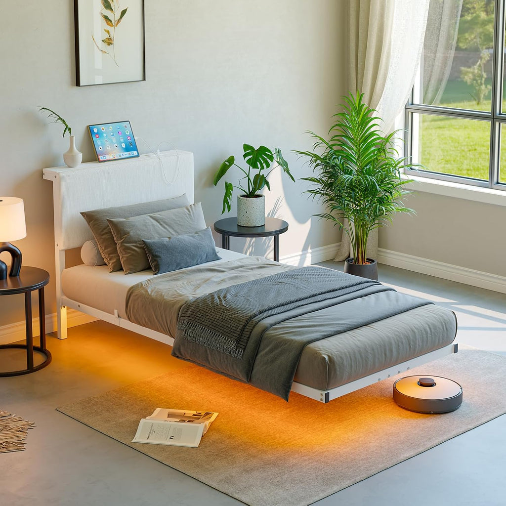 Floating Single Bed Frame with LED Light,90X200 Bed,White | 3Ft Single Bed Frame with Charging Station with Charging Station,Upholstered Bed Frames Single Size Bed with Storage