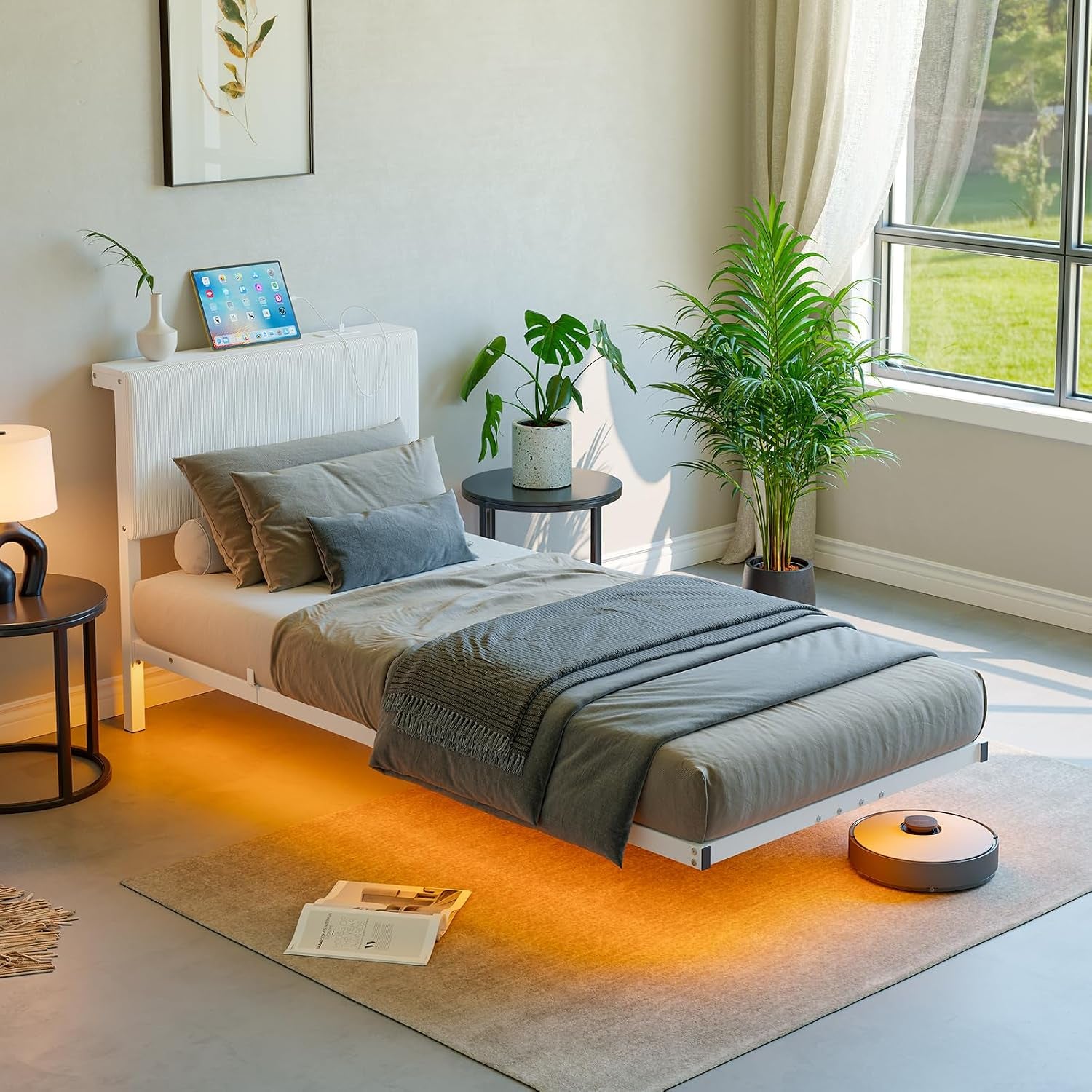 Floating Single Bed Frame with LED Light,90X200 Bed,White | 3Ft Single Bed Frame with Charging Station with Charging Station,Upholstered Bed Frames Single Size Bed with Storage
