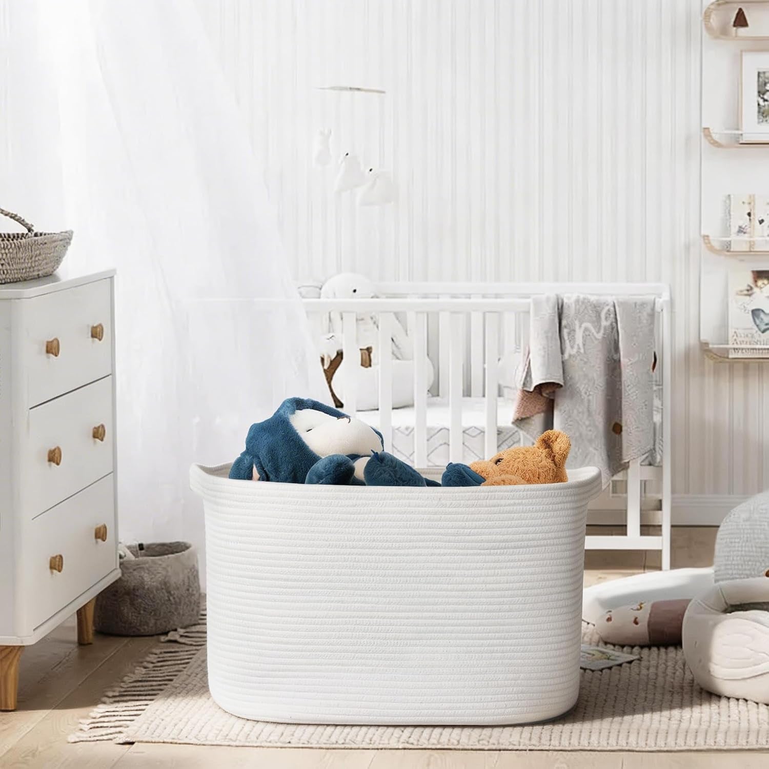 Extra Large White Storage Basket, " Rectangle, Woven Cotton Rope, Toy Bins, XXXL Organizing Baskets, Wicker Laundry