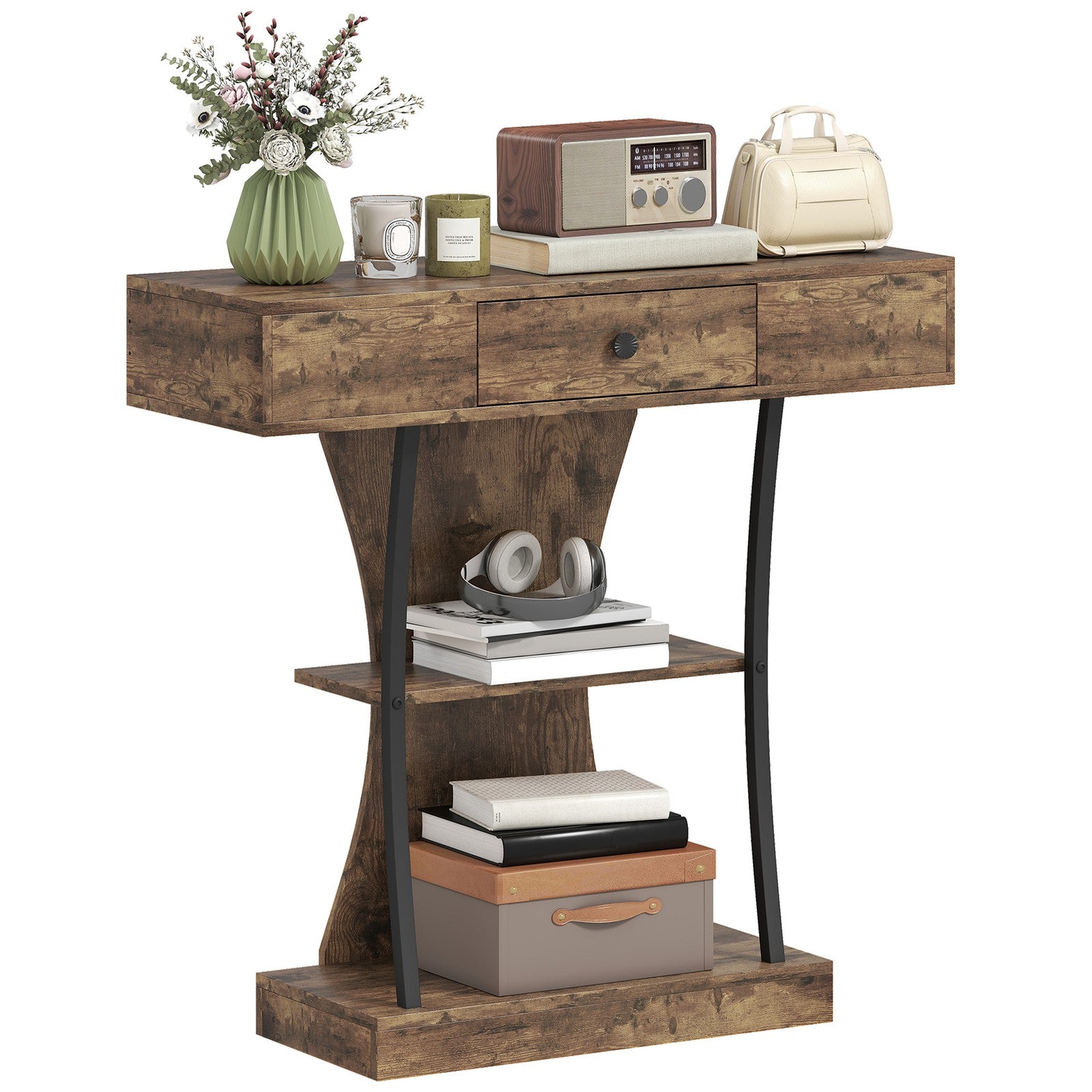 Console Table with Drawer, 3-Tier Industrial Hallway Table, Rustic Brown